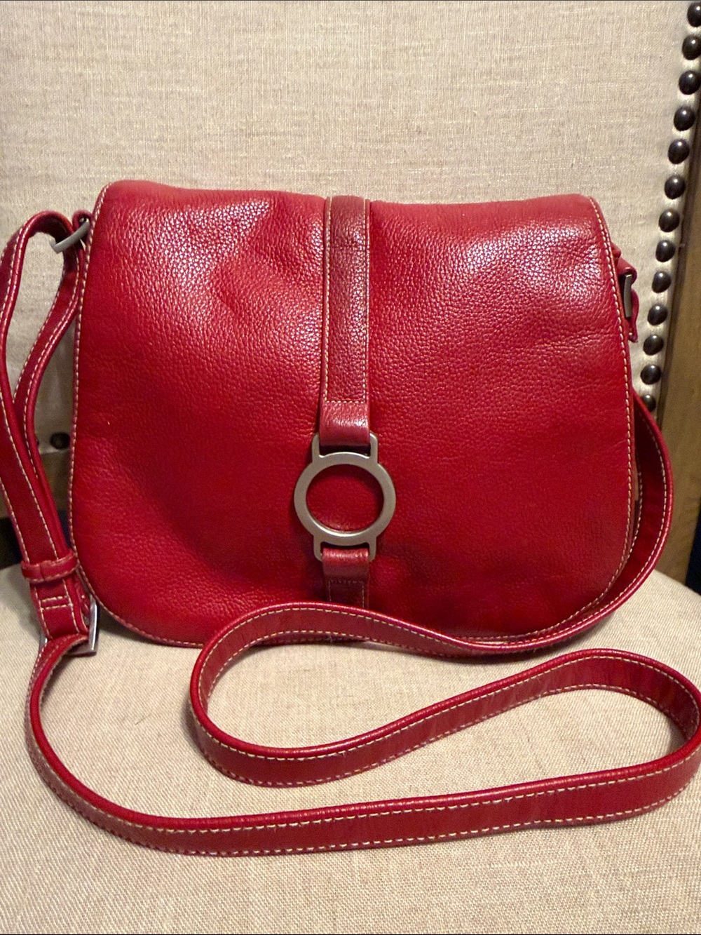 Women's Red Leather Crossbody Saddle Bag